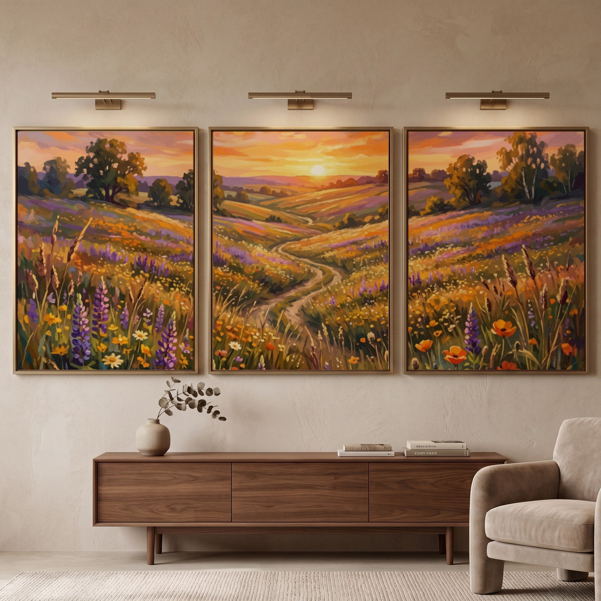 Triptych of a wildflower meadow sunset featuring purple lupines and golden rolling hills