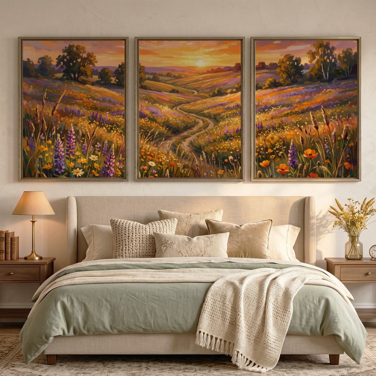 Triptych of a wildflower meadow sunset featuring purple lupines and golden rolling hills
