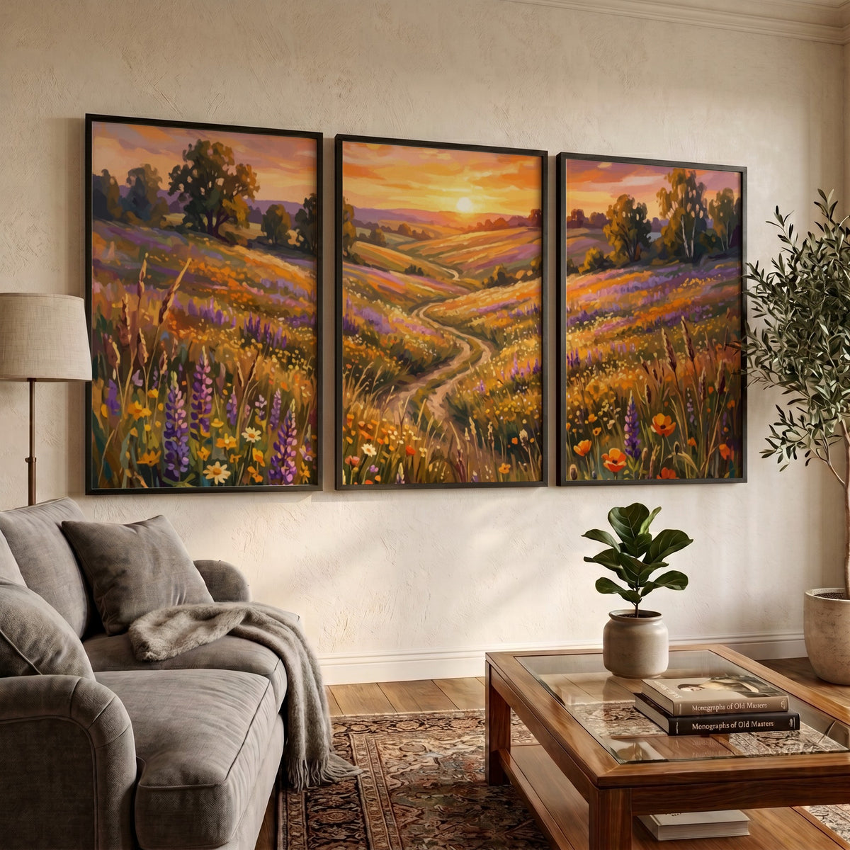 Triptych of a wildflower meadow sunset featuring purple lupines and golden rolling hills