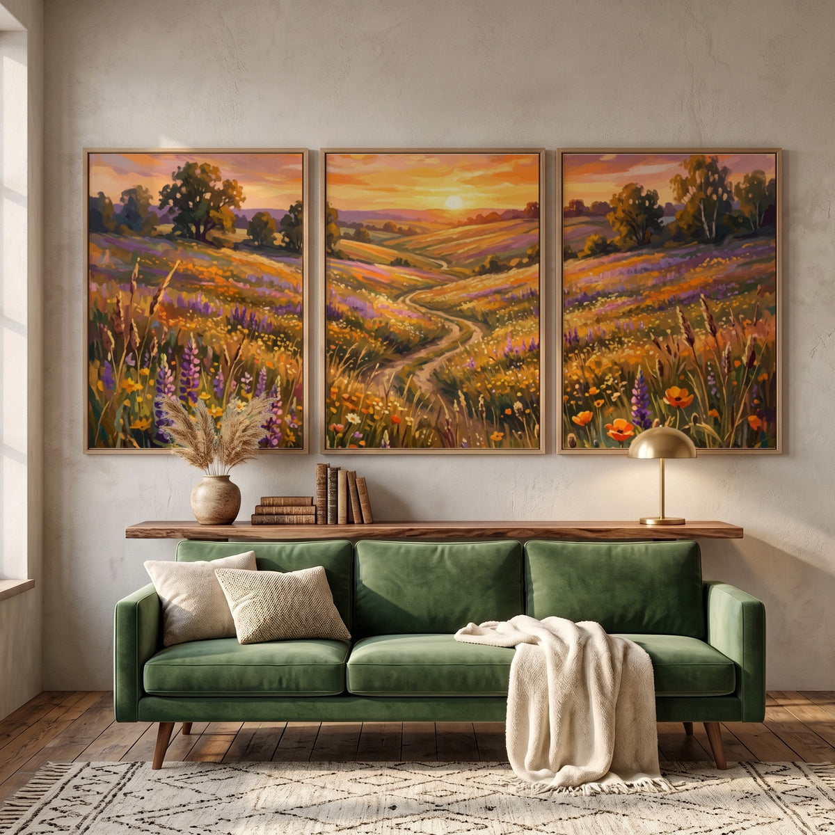 Triptych of a wildflower meadow sunset featuring purple lupines and golden rolling hills