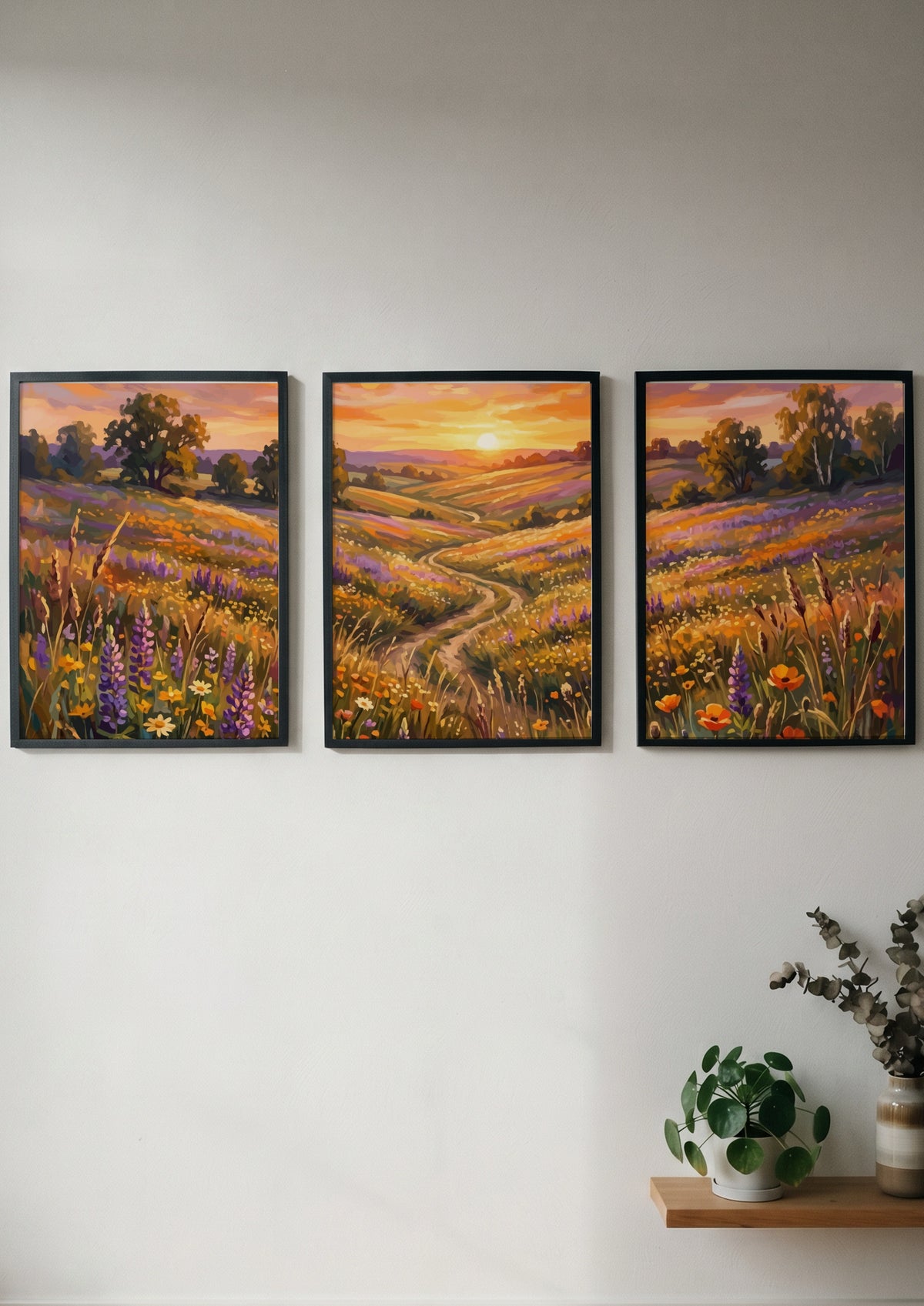 Triptych of a wildflower meadow sunset featuring purple lupines and golden rolling hills