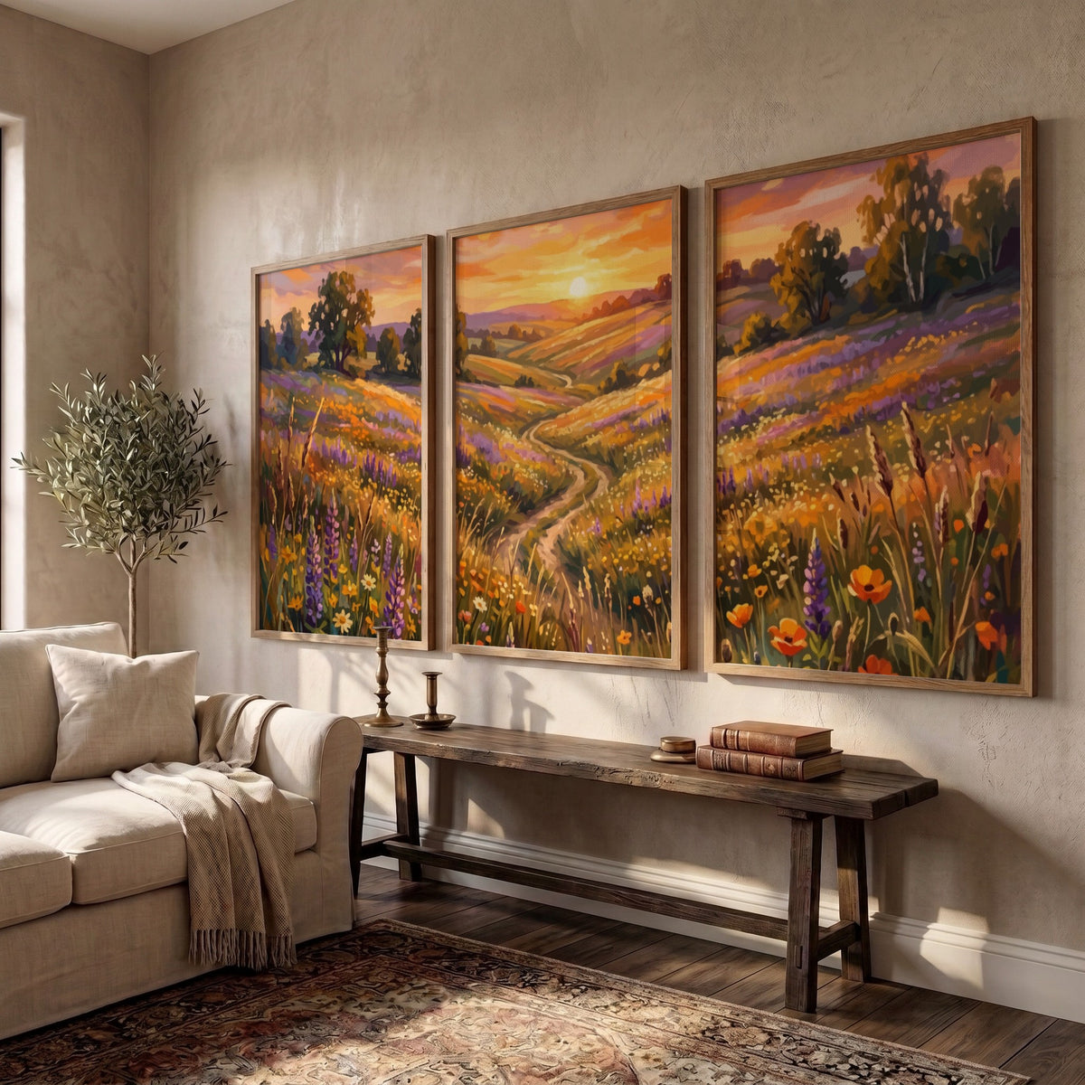 Triptych of a wildflower meadow sunset featuring purple lupines and golden rolling hills