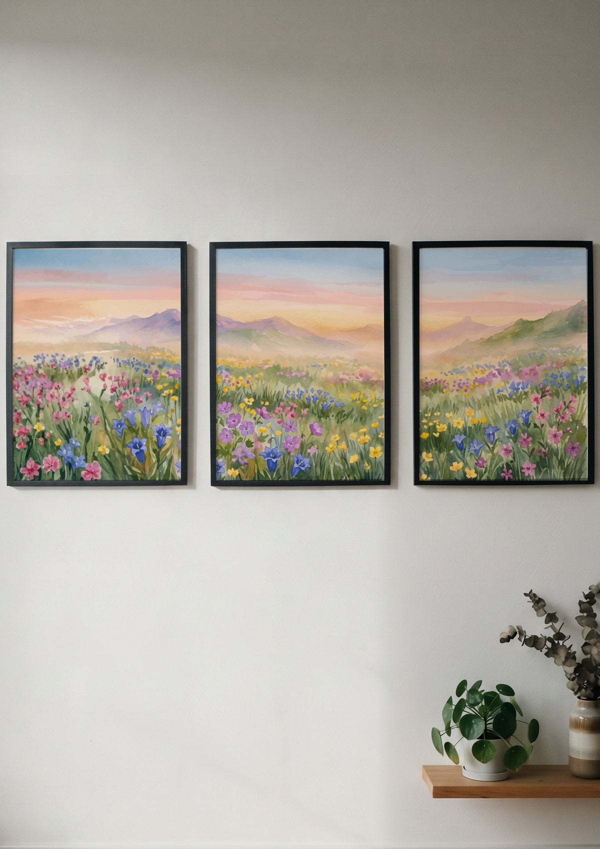 Three framed wildflower meadow watercolour paintings showing pink and purple flowers near mountains.