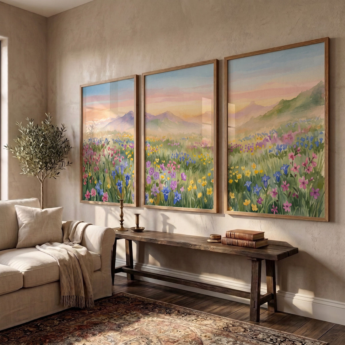 Three framed wildflower meadow watercolour paintings showing pink and purple flowers near mountains.