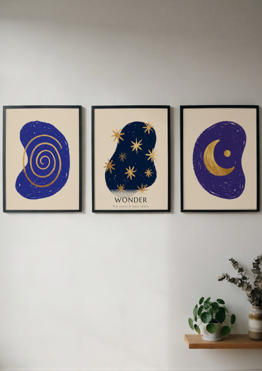 Poster triptych featuring navy blue abstract shapes with golden spiral stars and moon