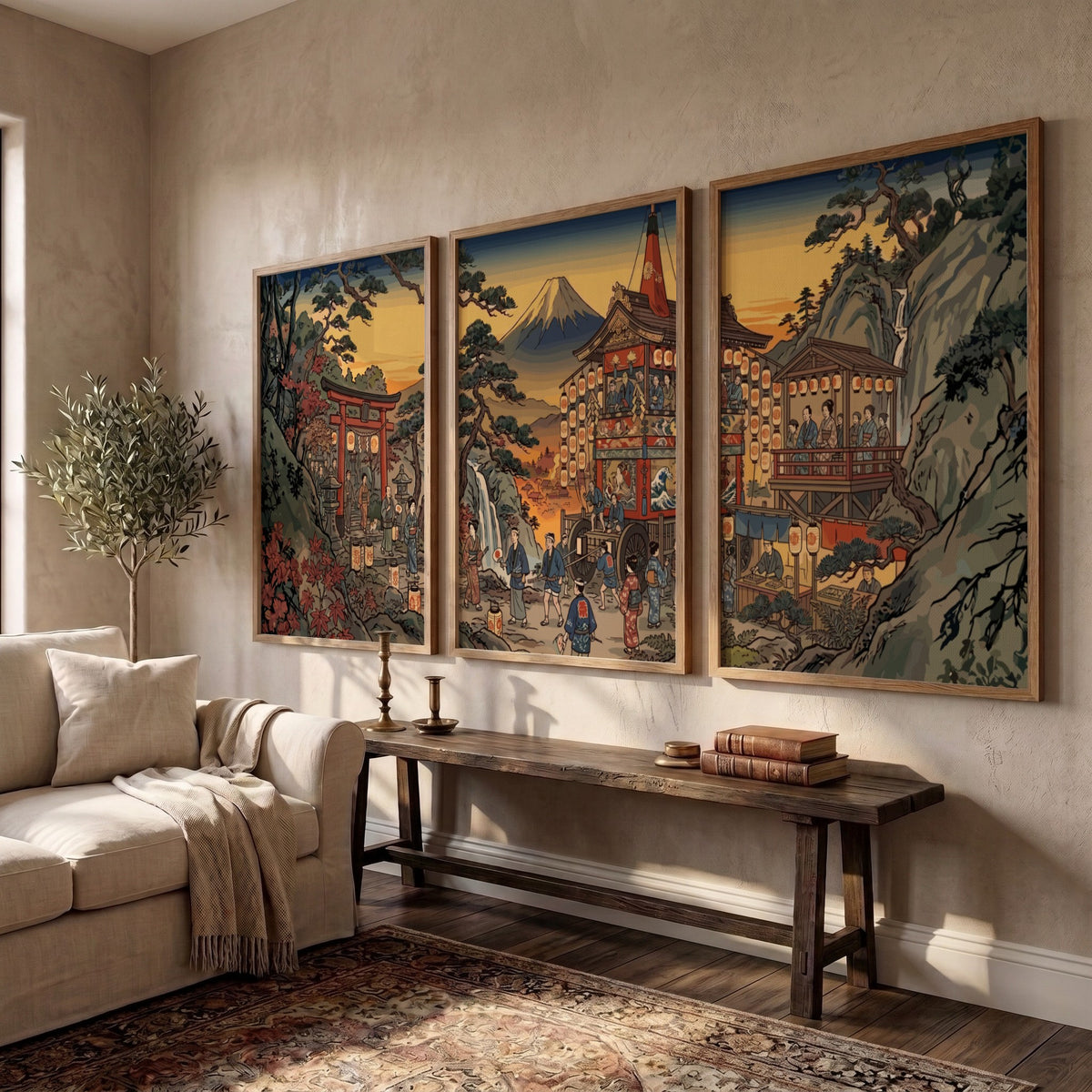 Triptych wall decor featuring a Japanese mountain village with Mount Fuji in autumn