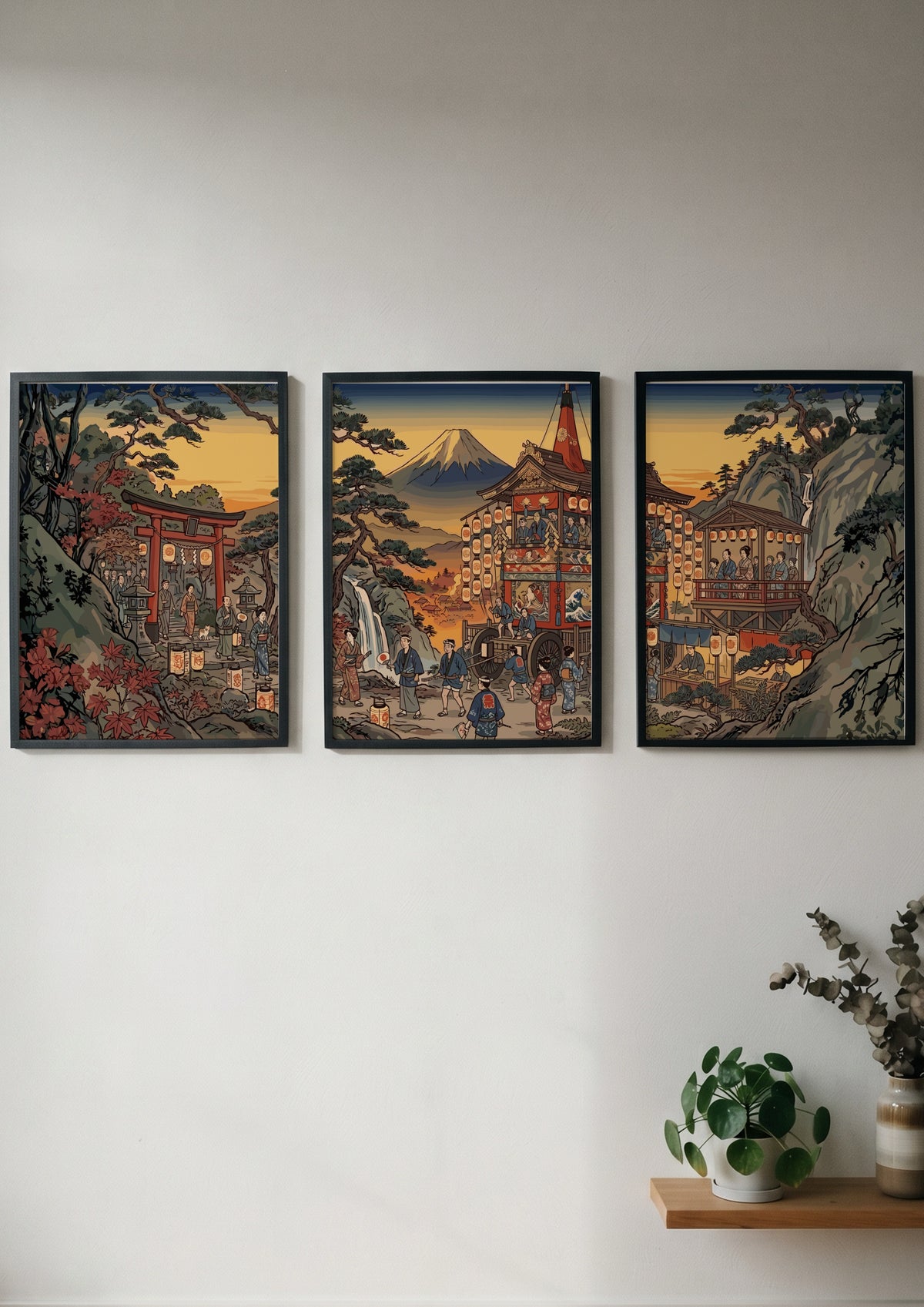 Triptych wall decor featuring a Japanese mountain village with Mount Fuji in autumn