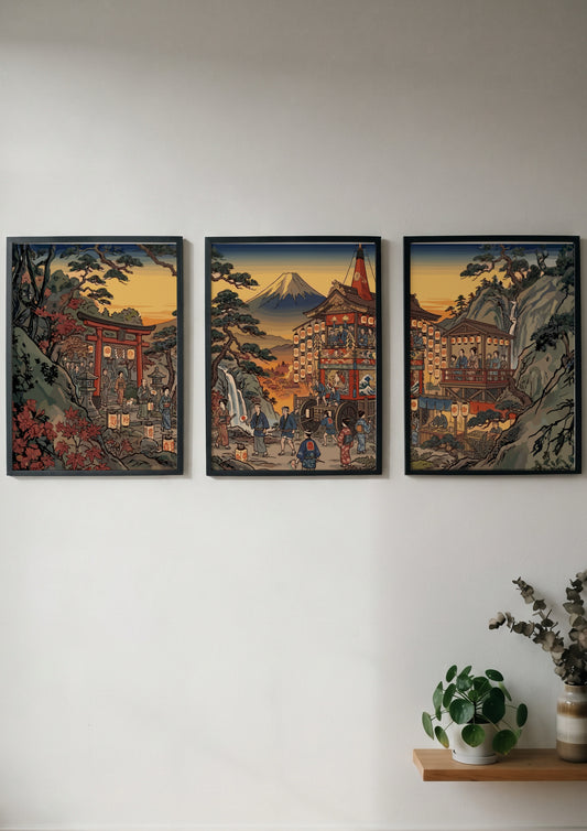 Triptych wall decor featuring a Japanese mountain village with Mount Fuji in autumn