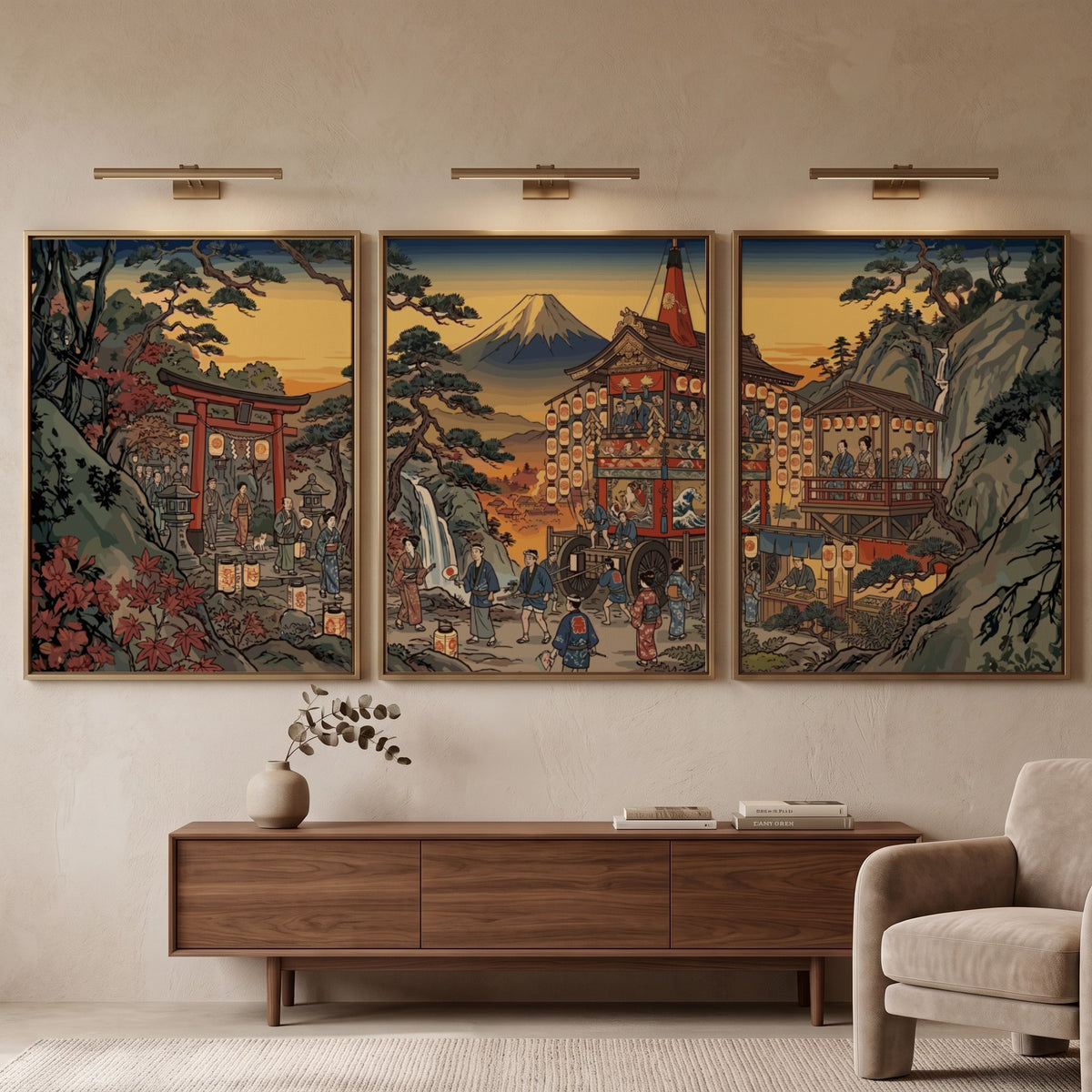 Triptych wall decor featuring a Japanese mountain village with Mount Fuji in autumn