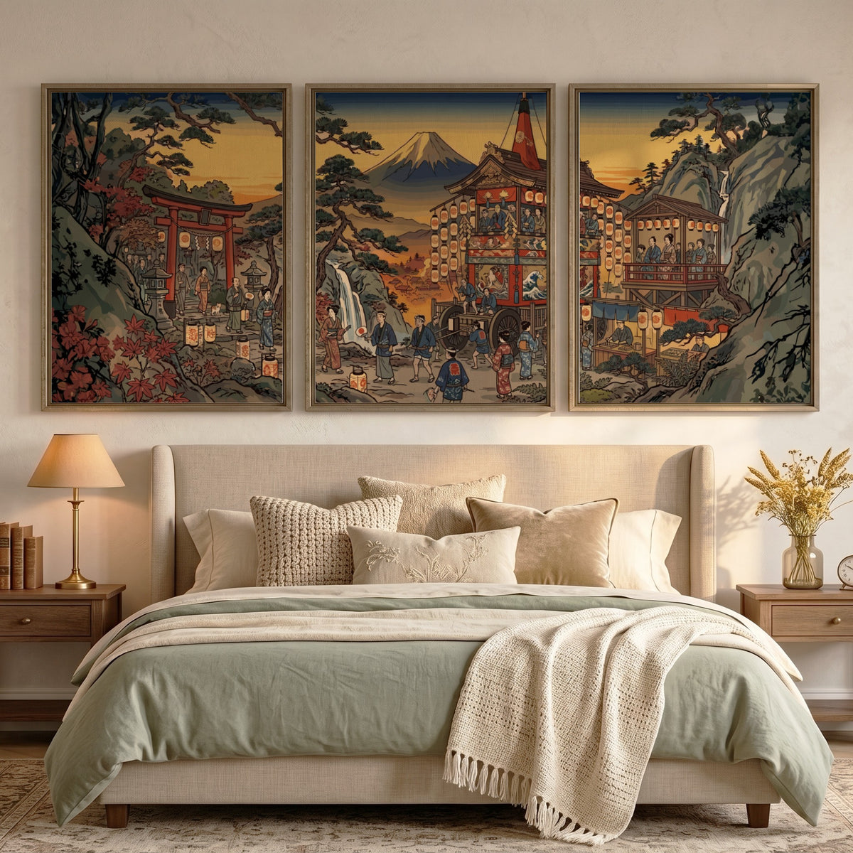 Triptych wall decor featuring a Japanese mountain village with Mount Fuji in autumn