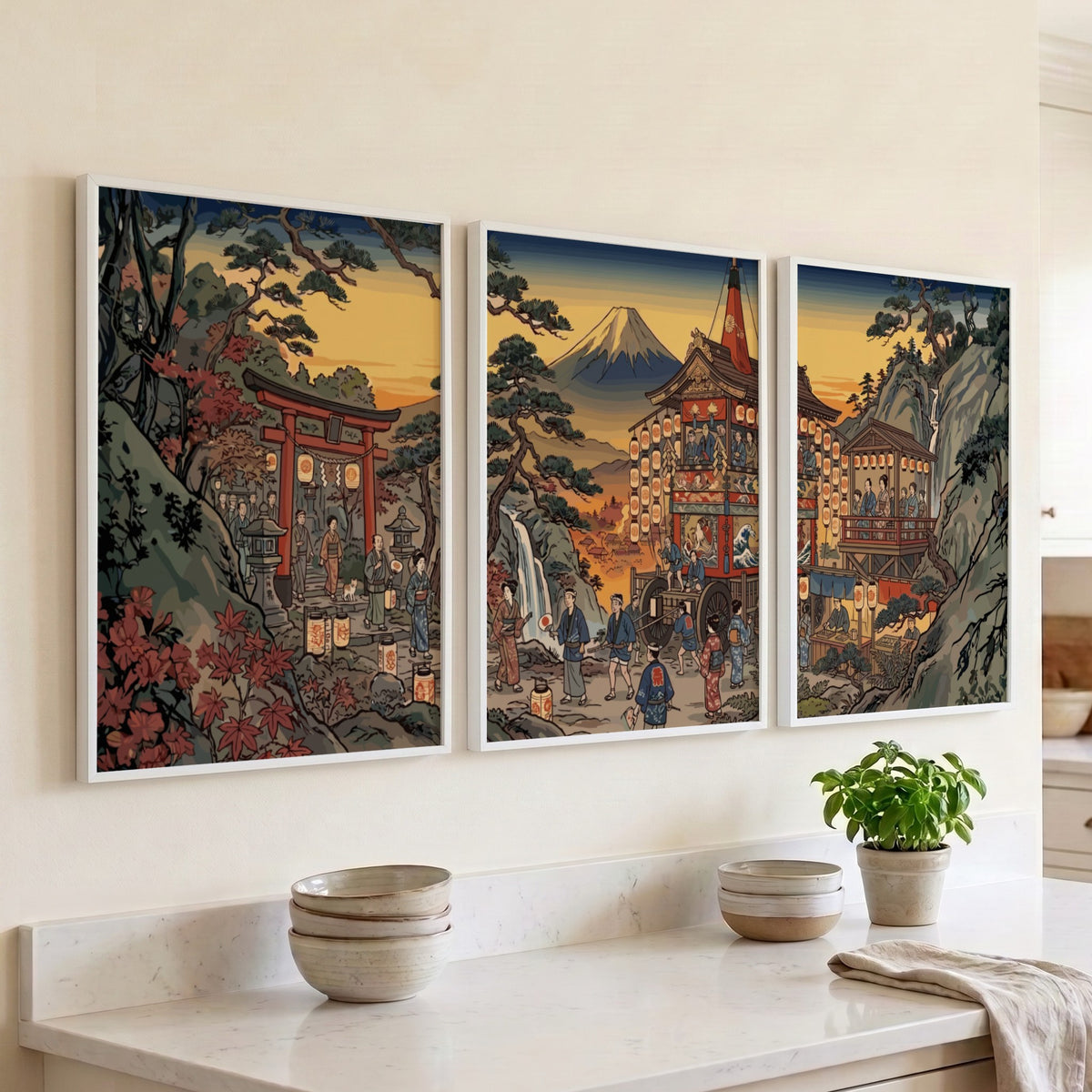 Triptych wall decor featuring a Japanese mountain village with Mount Fuji in autumn
