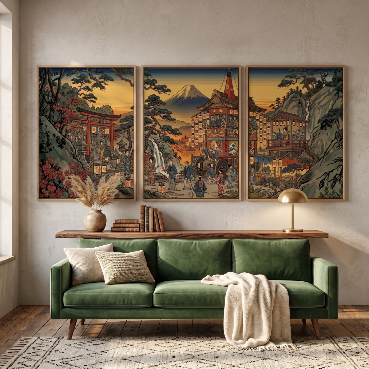 Triptych wall decor featuring a Japanese mountain village with Mount Fuji in autumn