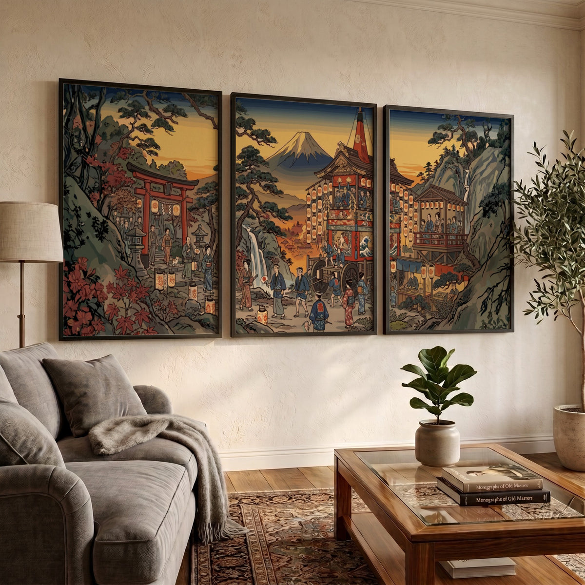 Triptych wall decor featuring a Japanese mountain village with Mount Fuji in autumn