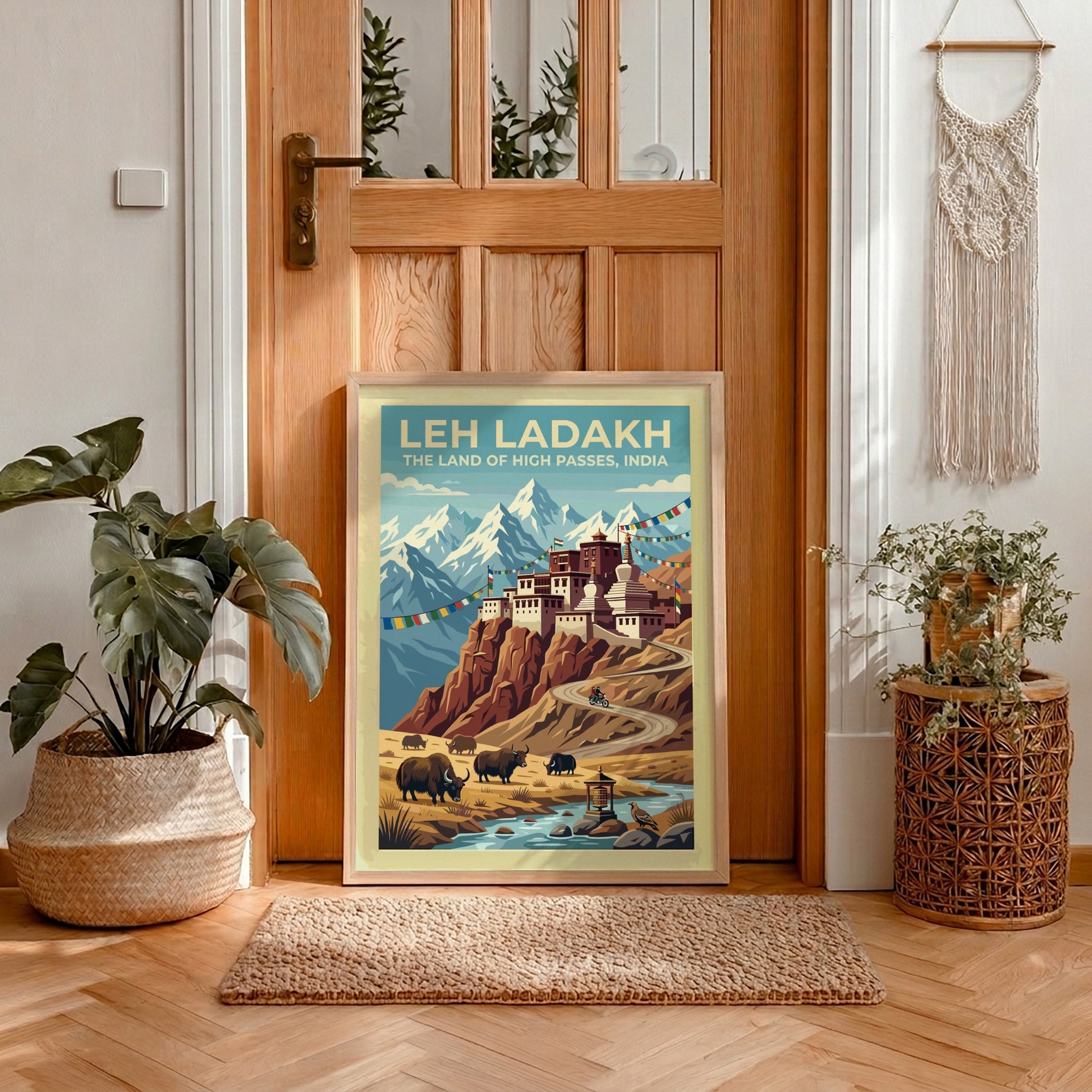 Leh Ladakh travel poster featuring a mountain monastery, grazing yaks, and prayer flags.