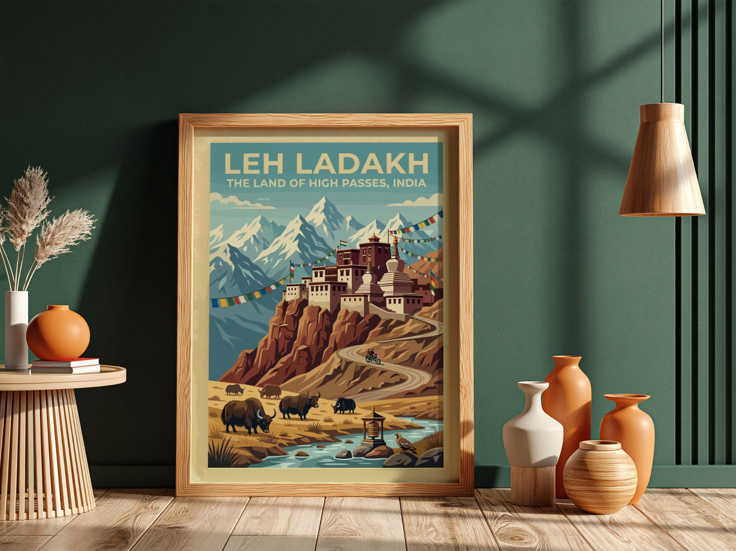 Leh Ladakh travel poster featuring a mountain monastery, grazing yaks, and prayer flags.