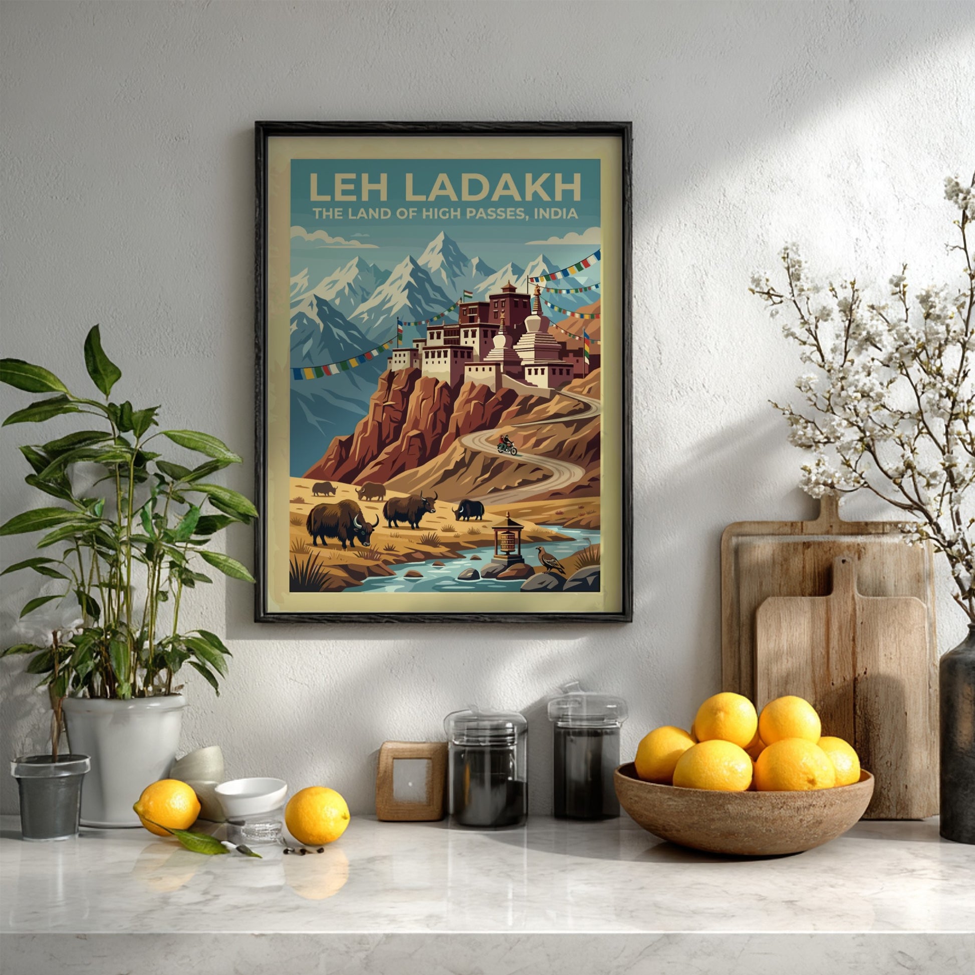 Leh Ladakh travel poster featuring a mountain monastery, grazing yaks, and prayer flags.