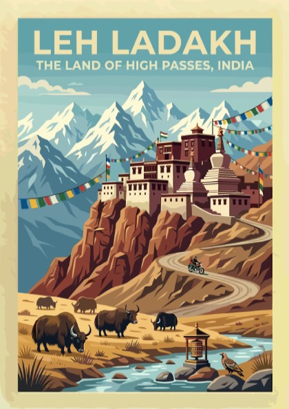 Leh Ladakh travel poster featuring a mountain monastery, grazing yaks, and prayer flags.