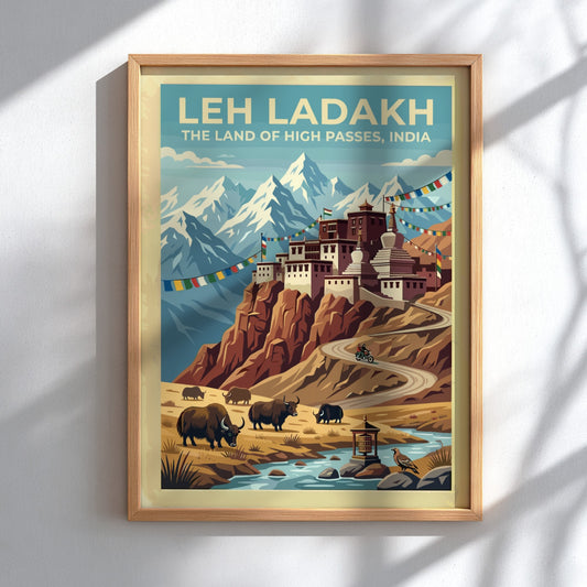 Leh Ladakh travel poster featuring a mountain monastery, grazing yaks, and prayer flags.