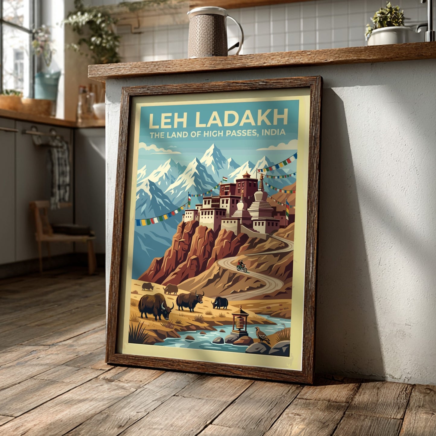 Leh Ladakh travel poster featuring a mountain monastery, grazing yaks, and prayer flags.