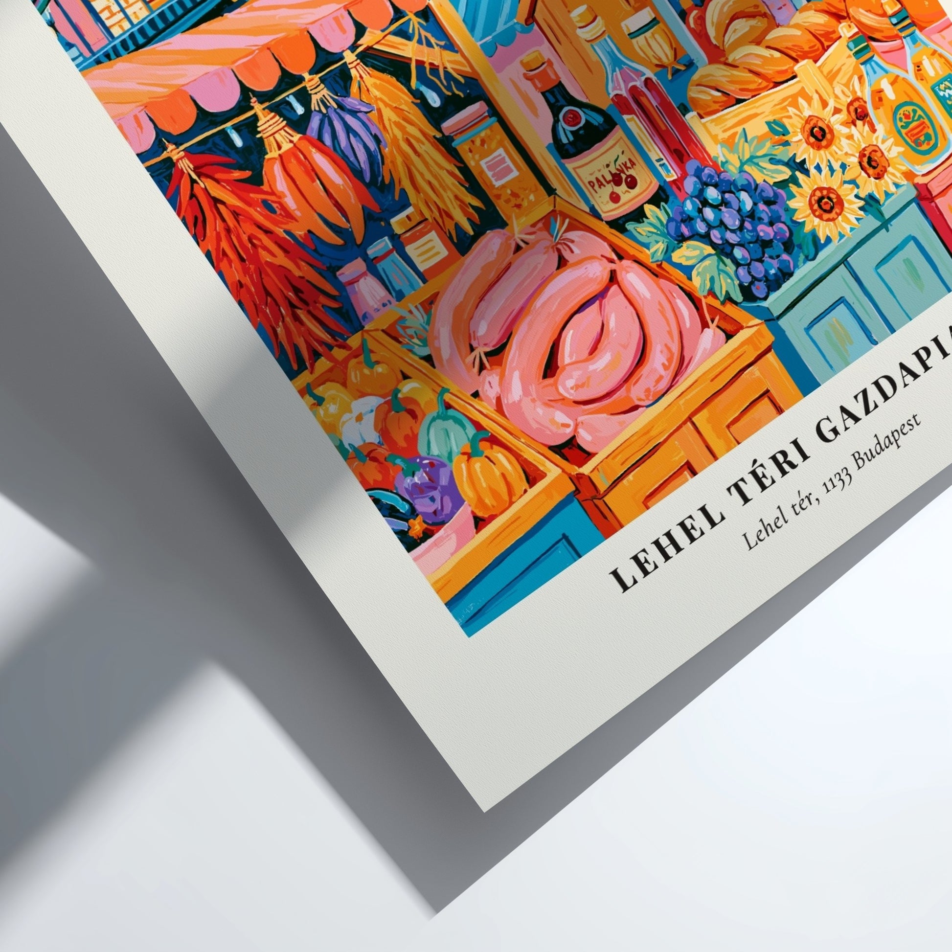 Lehel Téri Gazdapiac poster featuring colorful fruits and vegetables in a vibrant market scene