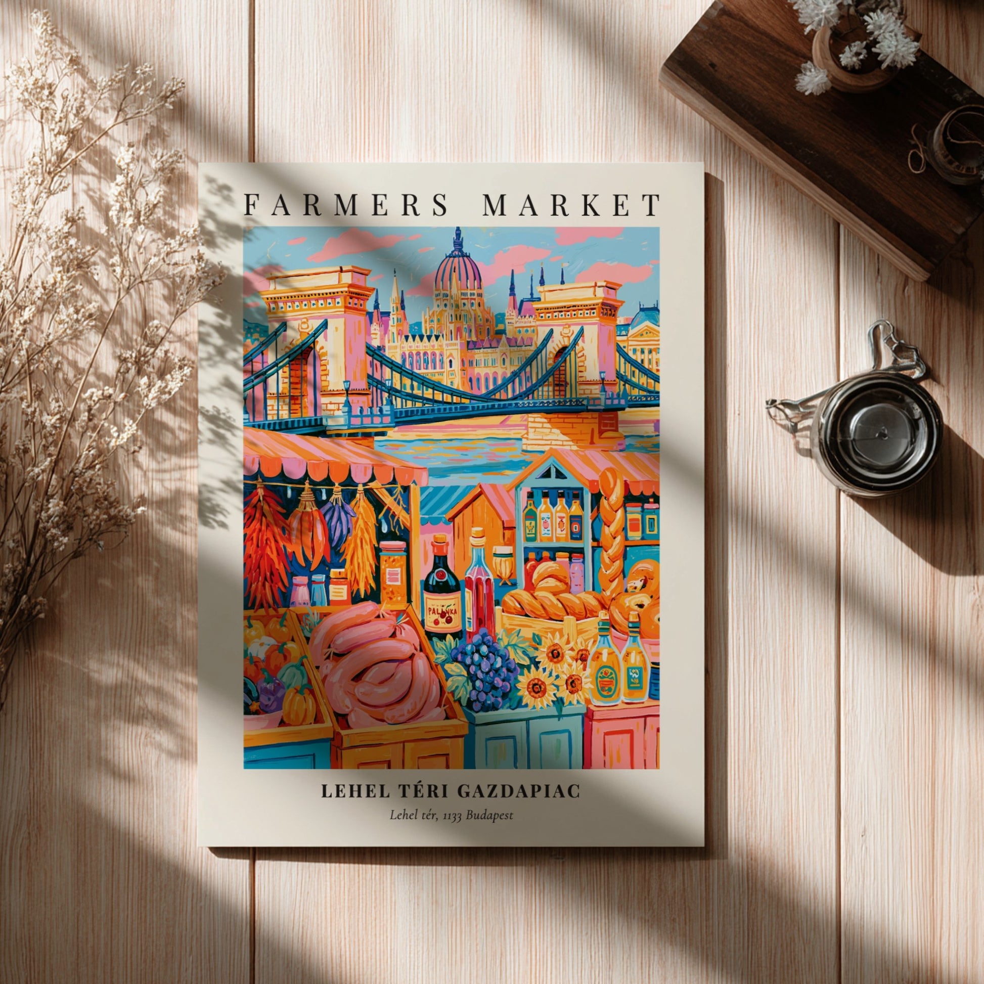 Lehel Téri Gazdapiac poster featuring colorful fruits and vegetables in a vibrant market scene