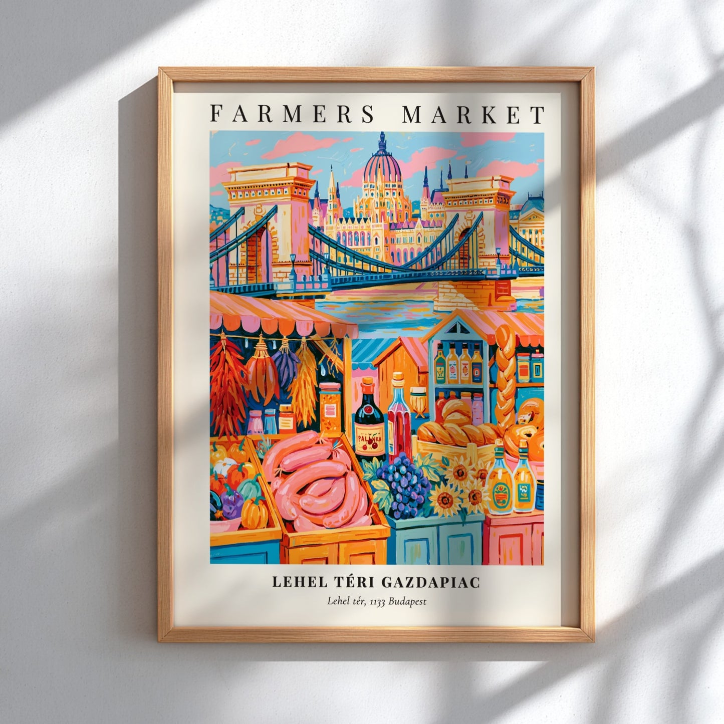 Lehel Téri Gazdapiac poster featuring colorful fruits and vegetables in a vibrant market scene