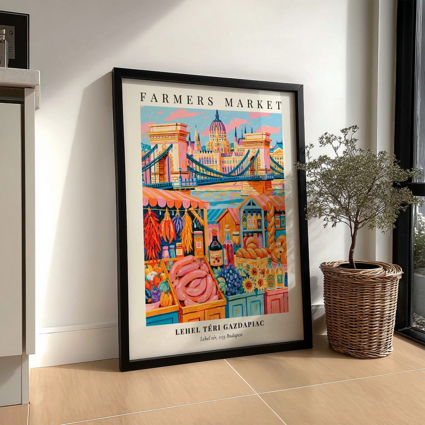 Lehel Téri Gazdapiac poster featuring colorful fruits and vegetables in a vibrant market scene