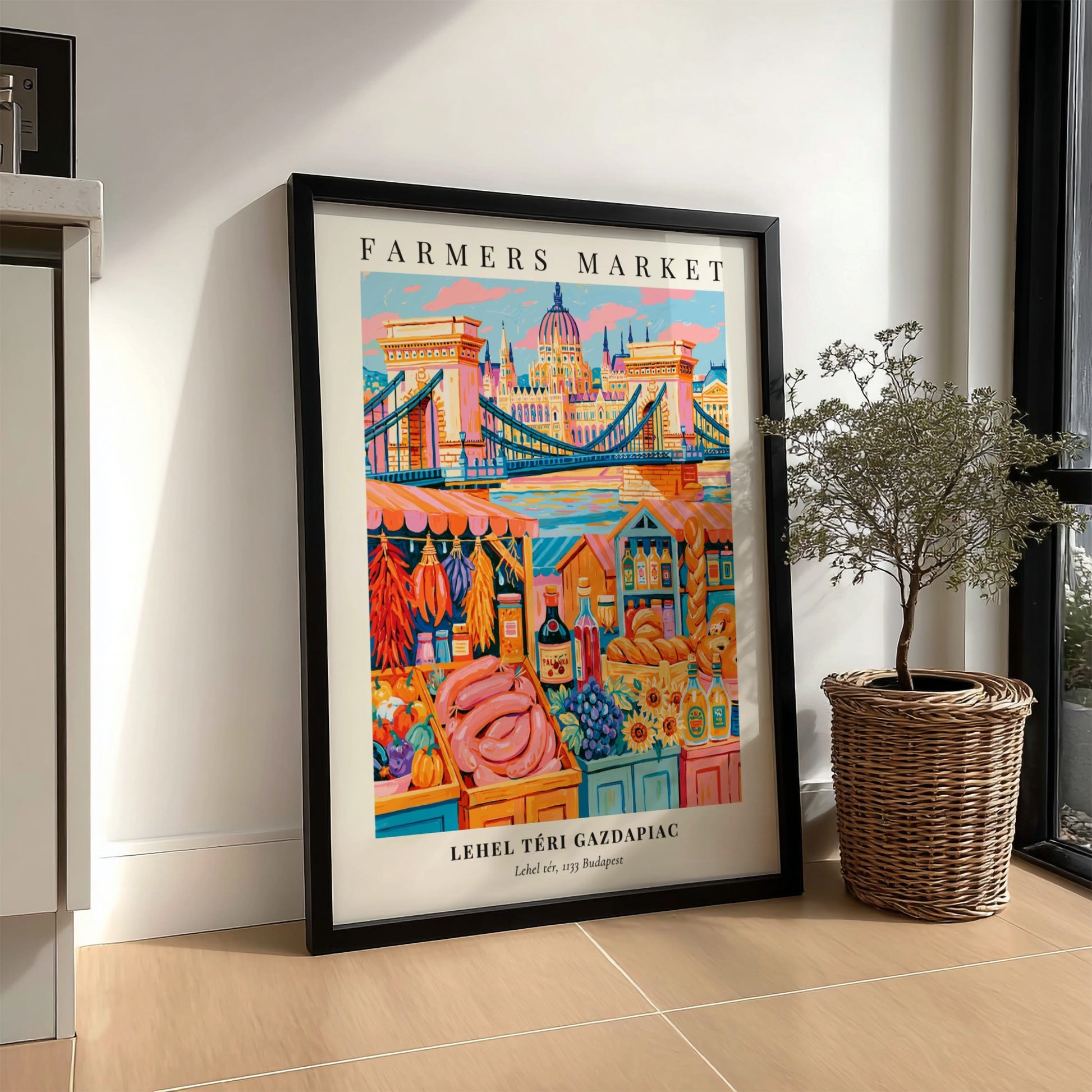 Lehel Téri Gazdapiac poster featuring colorful fruits and vegetables in a vibrant market scene