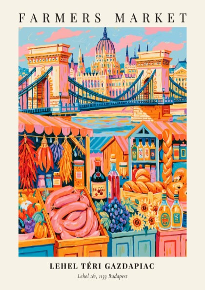 Lehel Téri Gazdapiac poster featuring colorful fruits and vegetables in a vibrant market scene