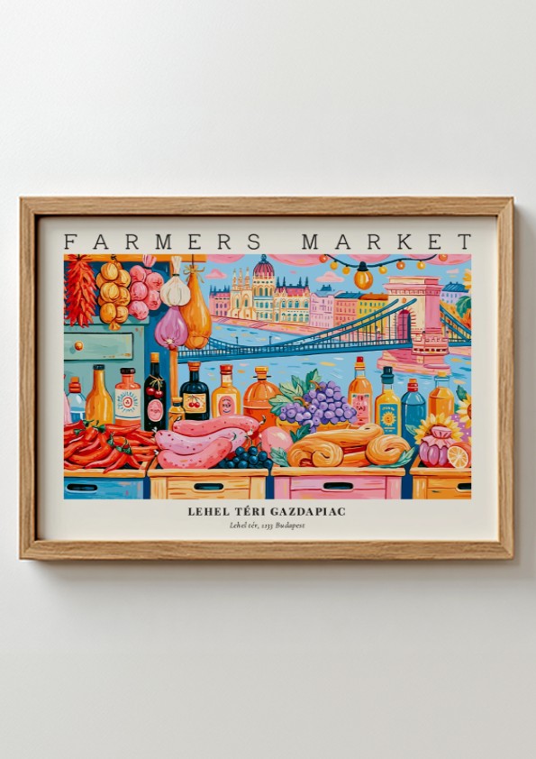 Farmers market poster featuring colorful produce and Budapest skyline