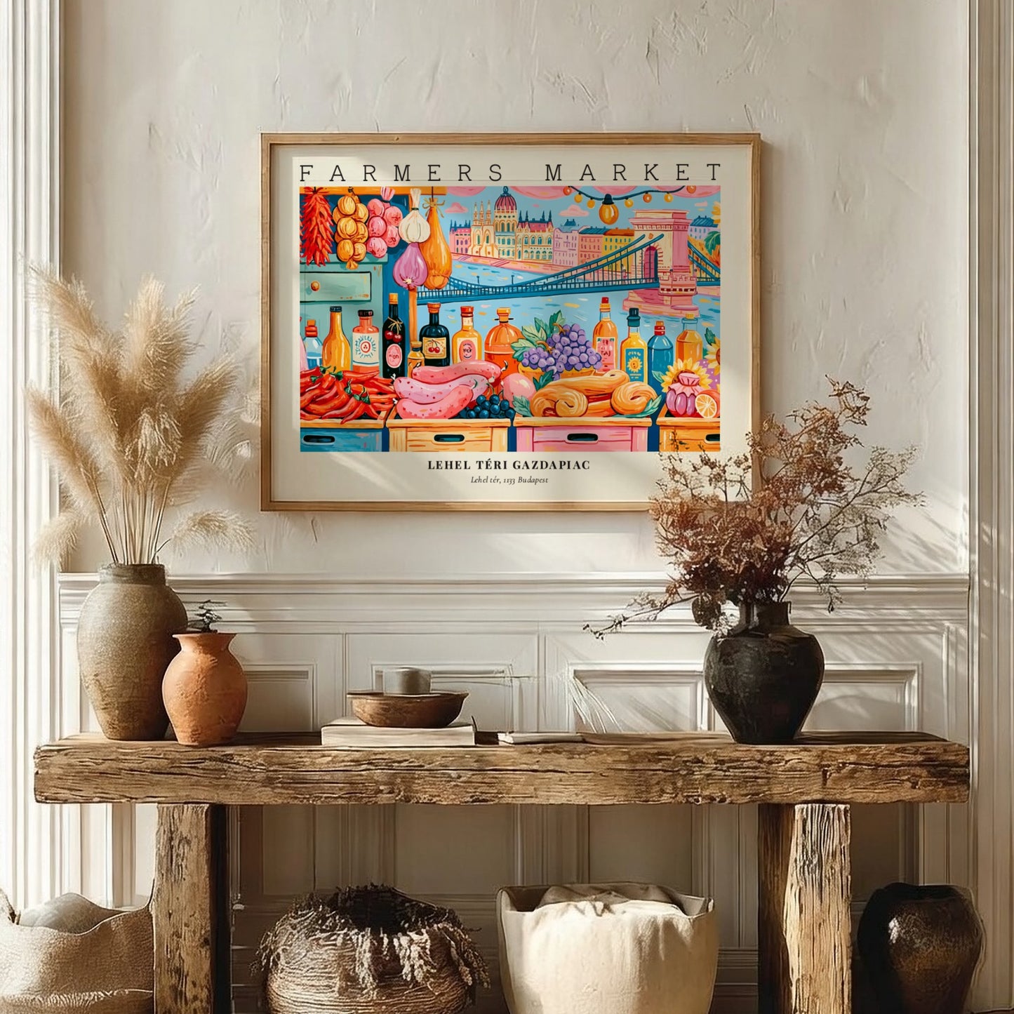 Farmers market poster featuring colorful produce and Budapest skyline