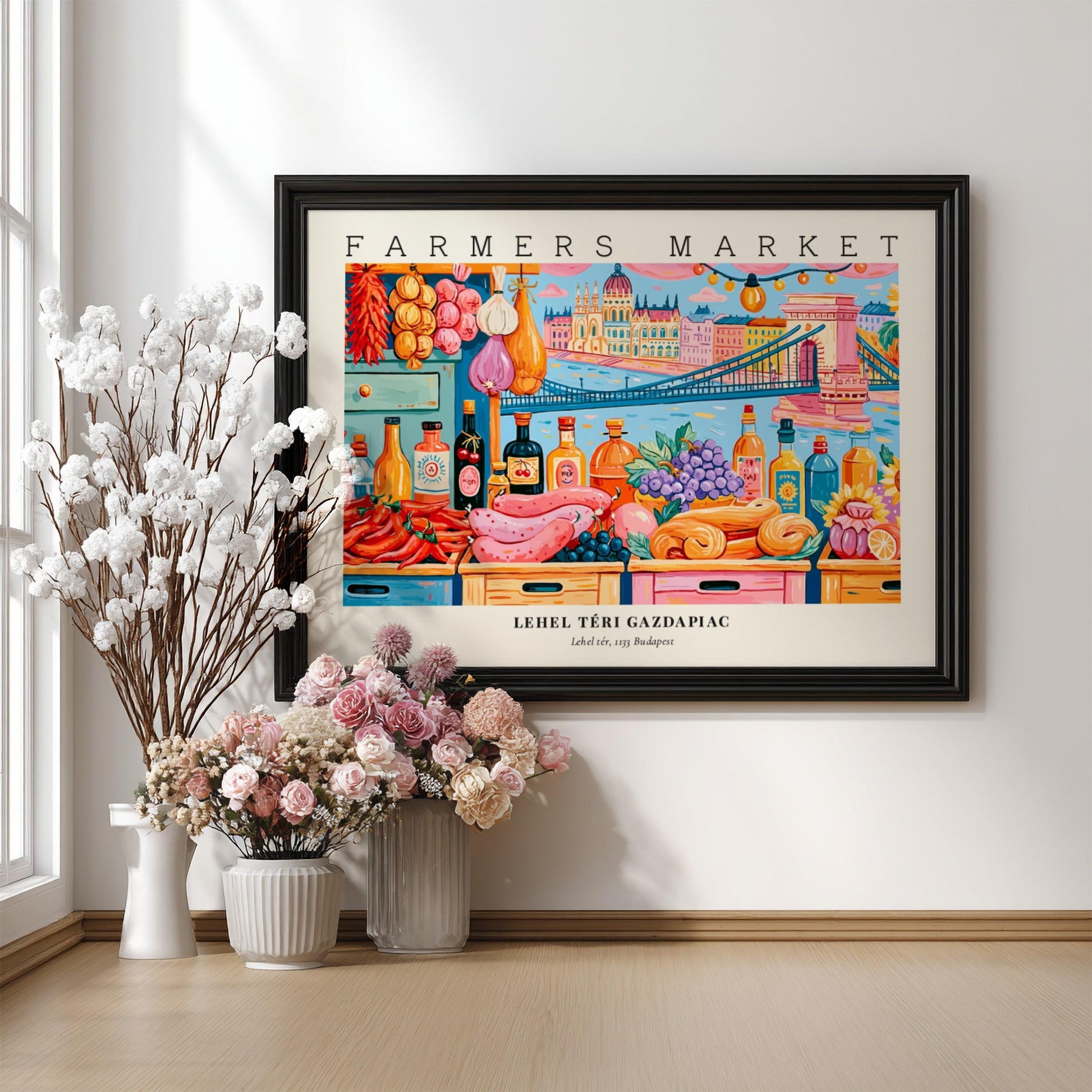 Farmers market poster featuring colorful produce and Budapest skyline