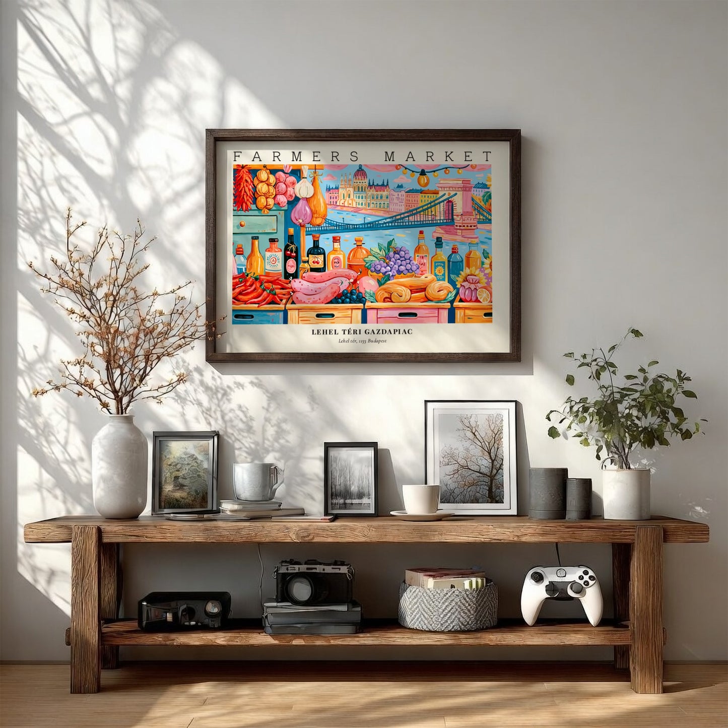 Farmers market poster featuring colorful produce and Budapest skyline