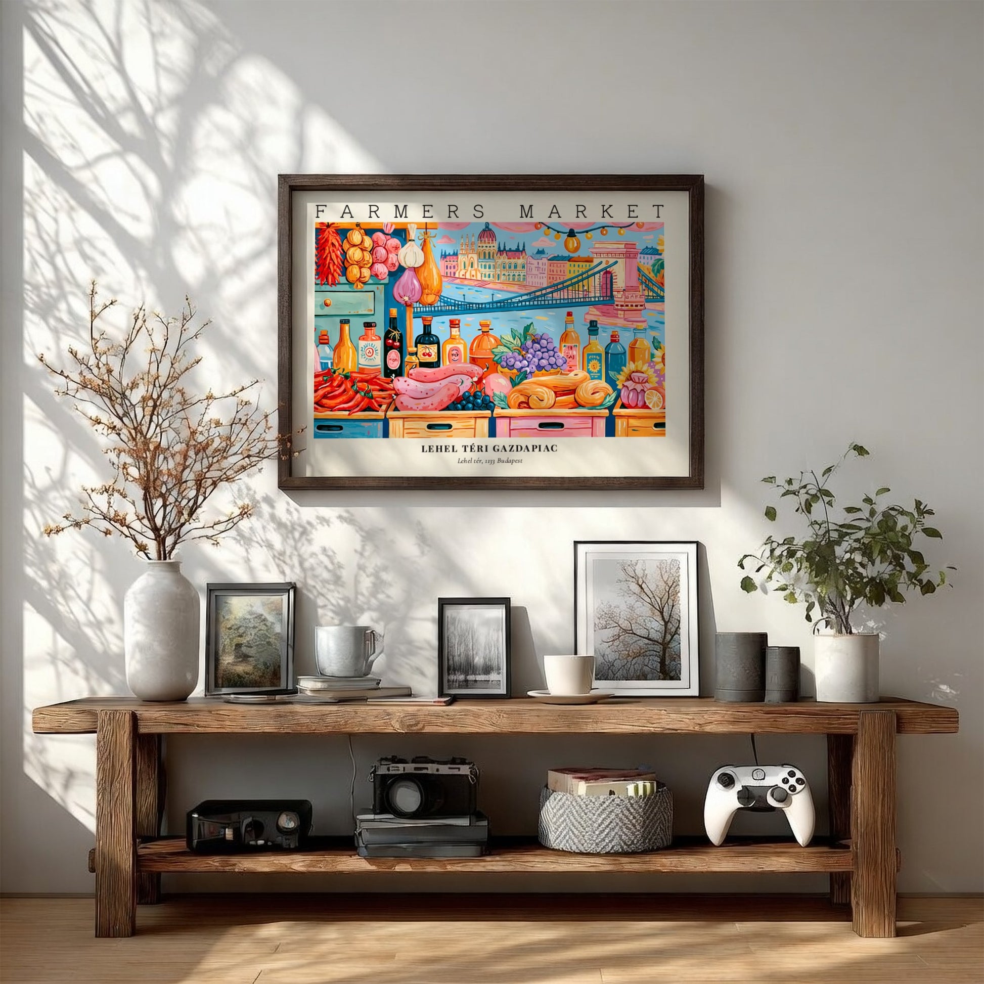 Farmers market poster featuring colorful produce and Budapest skyline