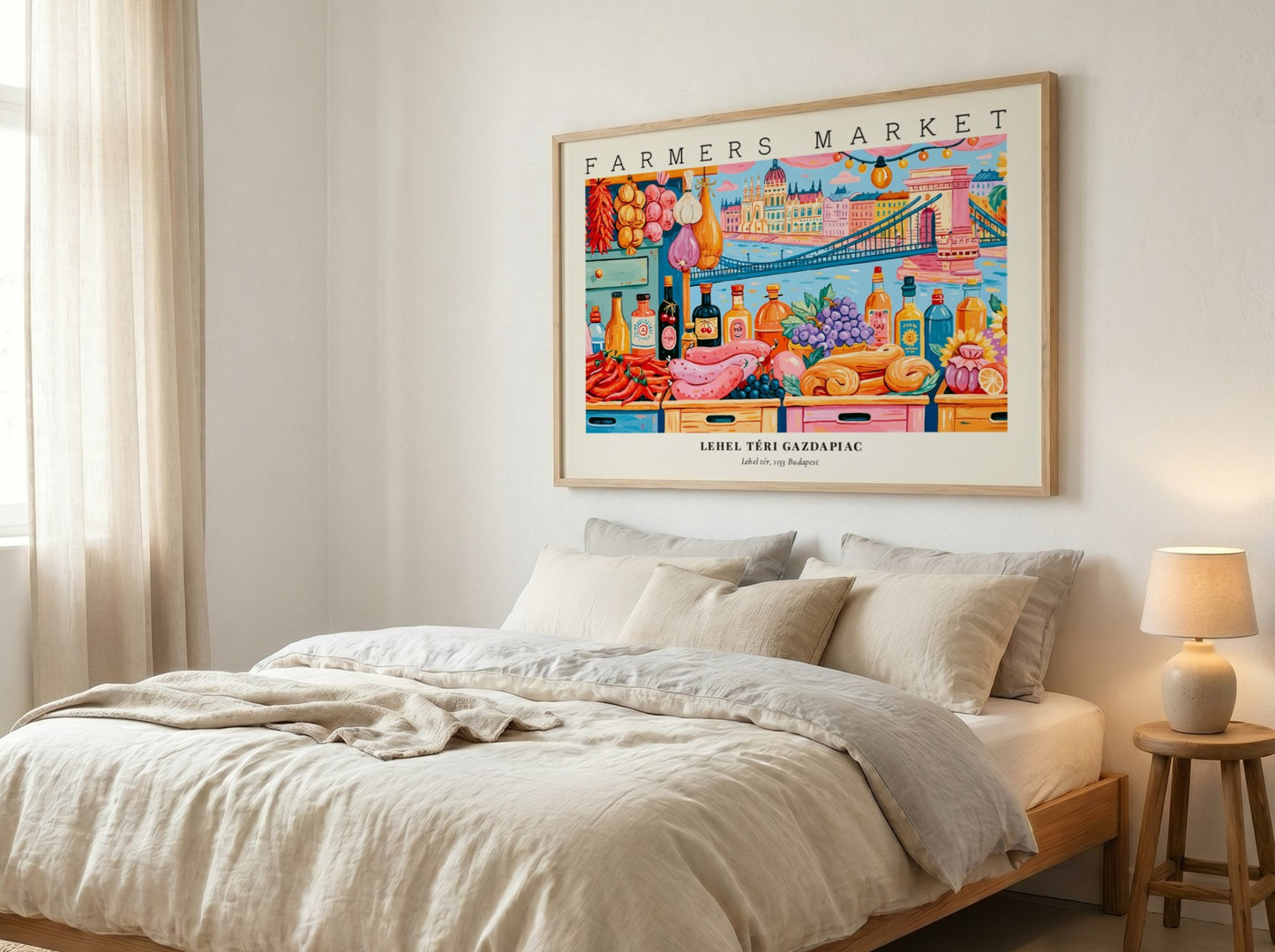 Farmers market poster featuring colorful produce and Budapest skyline