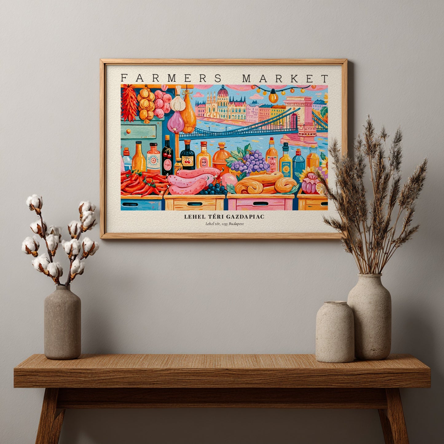 Farmers market poster featuring colorful produce and Budapest skyline
