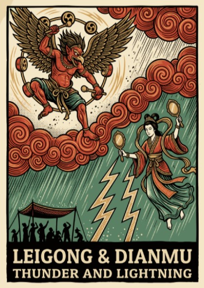 Poster featuring Leigong and Dianmu with thunder drums and lightning mirrors in woodblock style