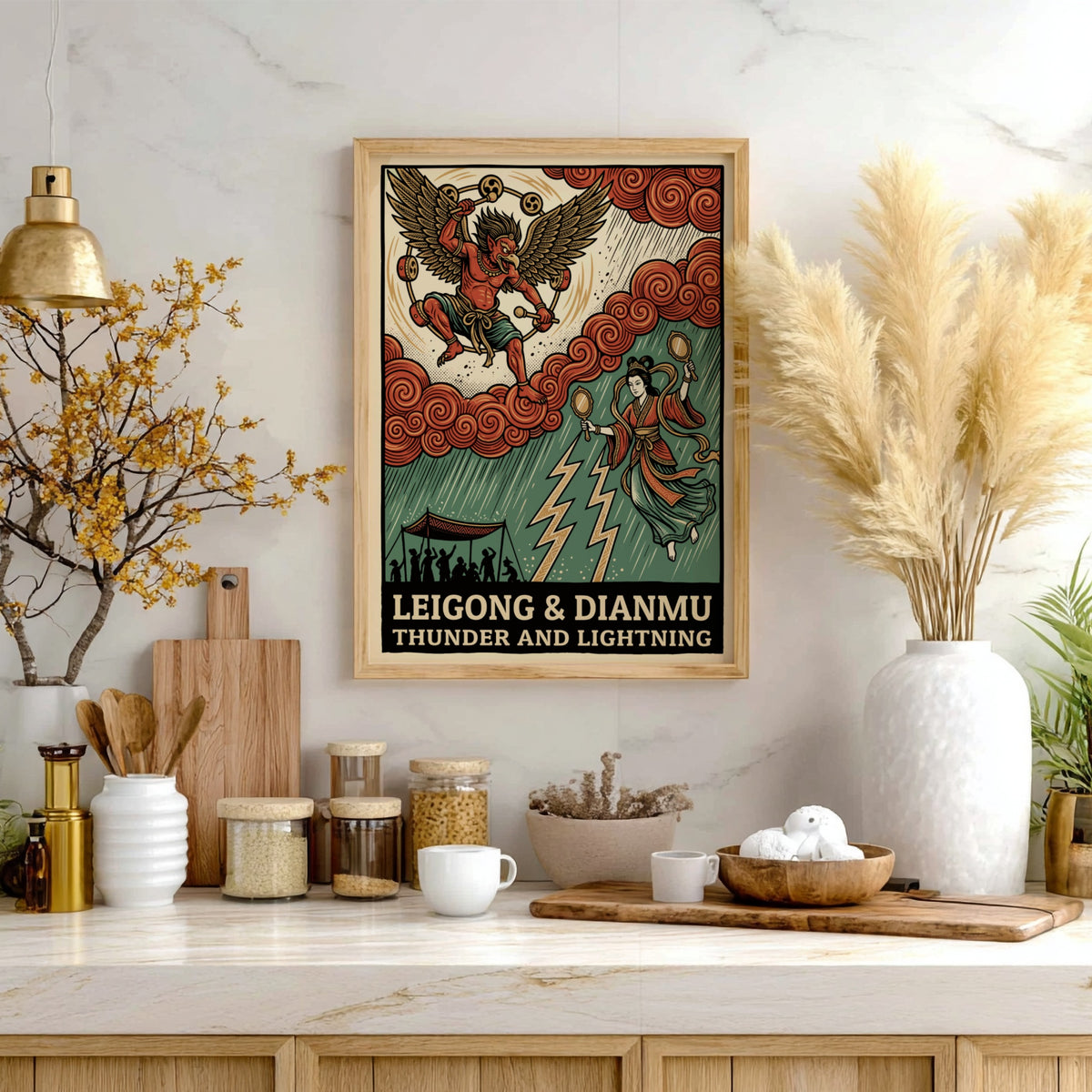 Poster featuring Leigong and Dianmu with thunder drums and lightning mirrors in woodblock style