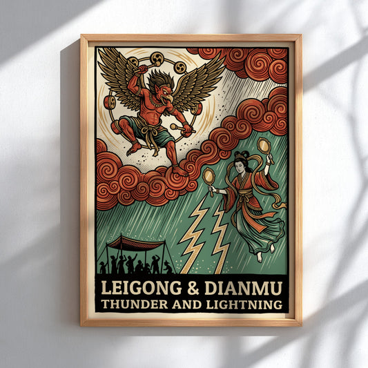 Poster featuring Leigong and Dianmu with thunder drums and lightning mirrors in woodblock style