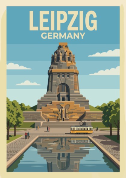 Poster of the Leipzig Germany monument with a yellow tram and water reflection.