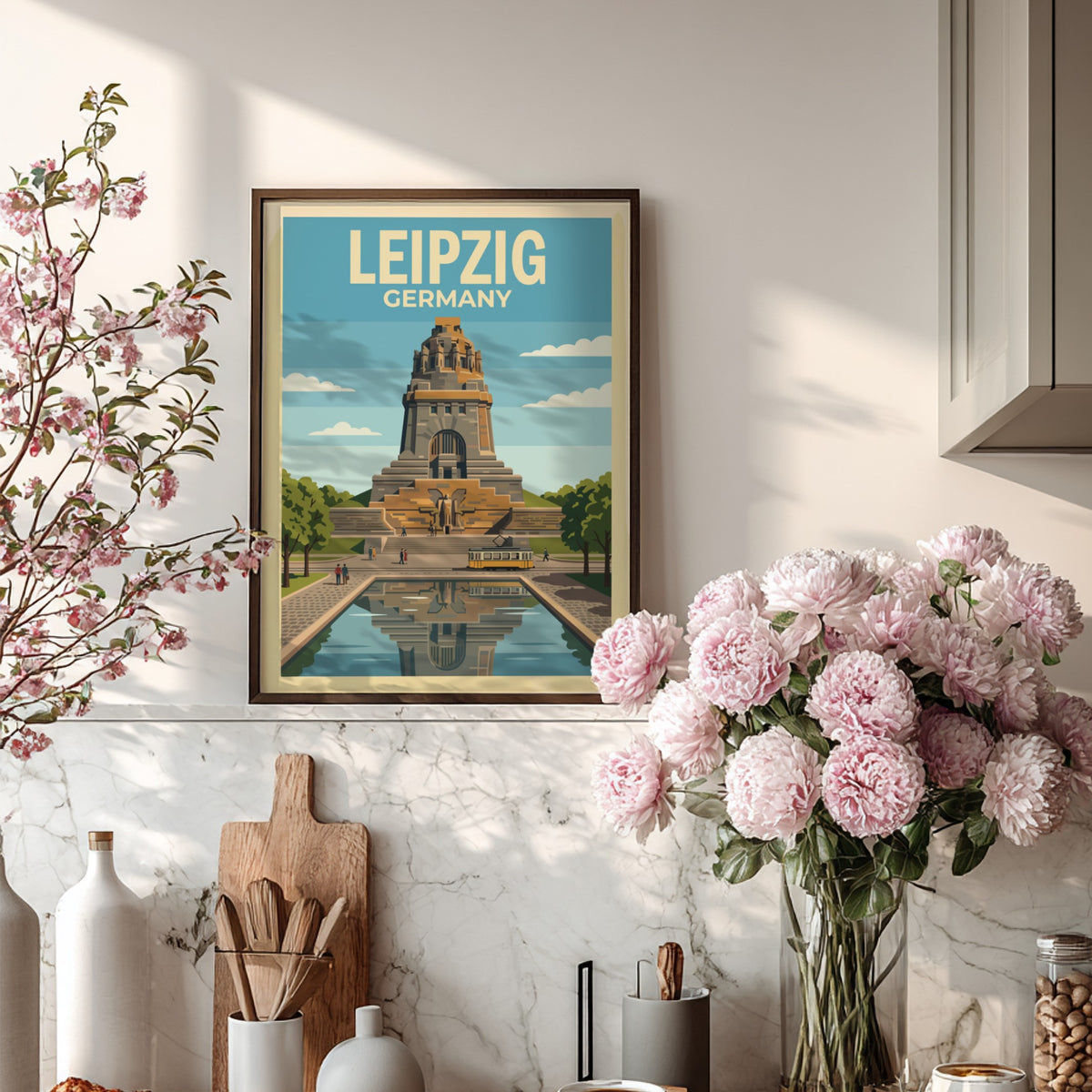Poster of the Leipzig Germany monument with a yellow tram and water reflection.