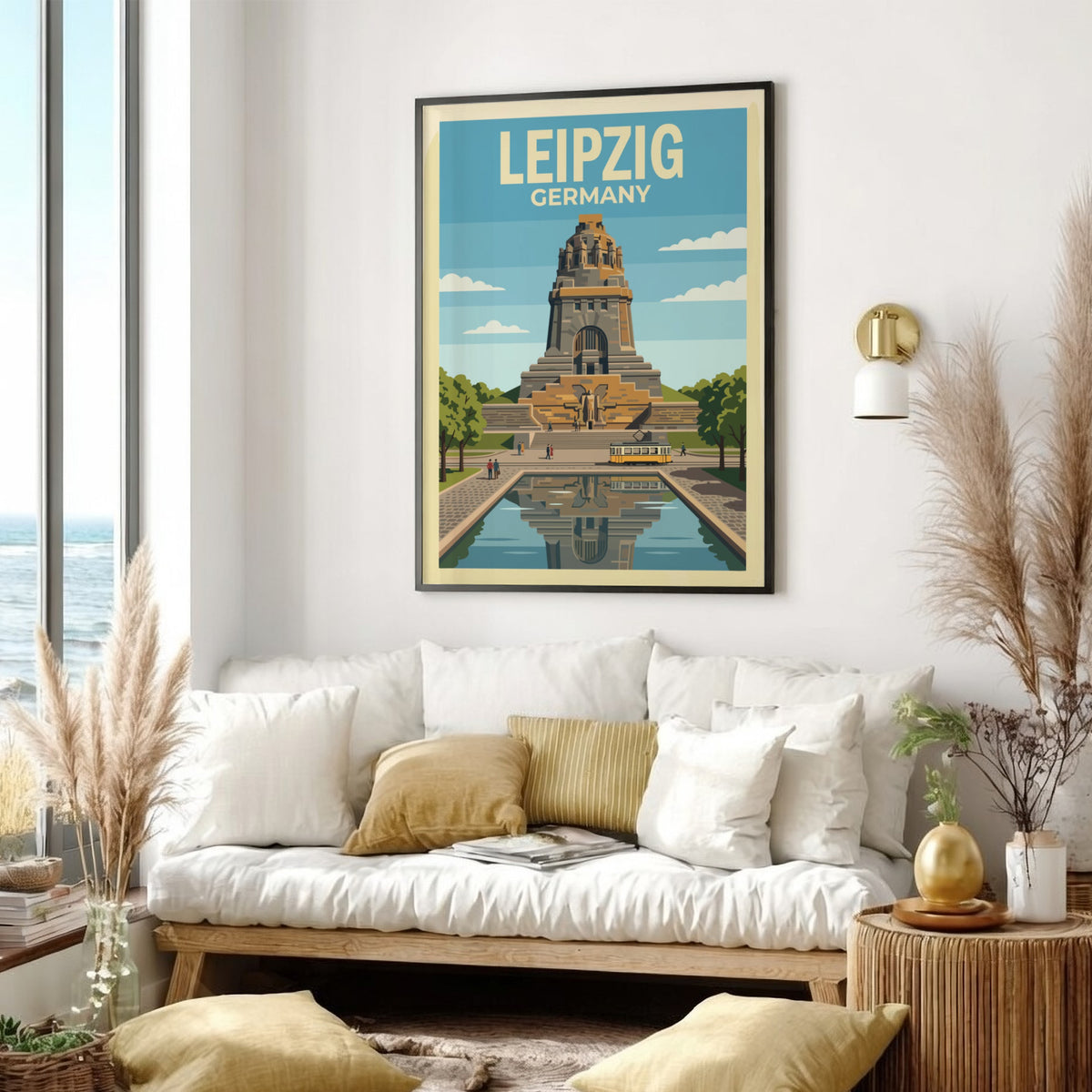 Poster of the Leipzig Germany monument with a yellow tram and water reflection.