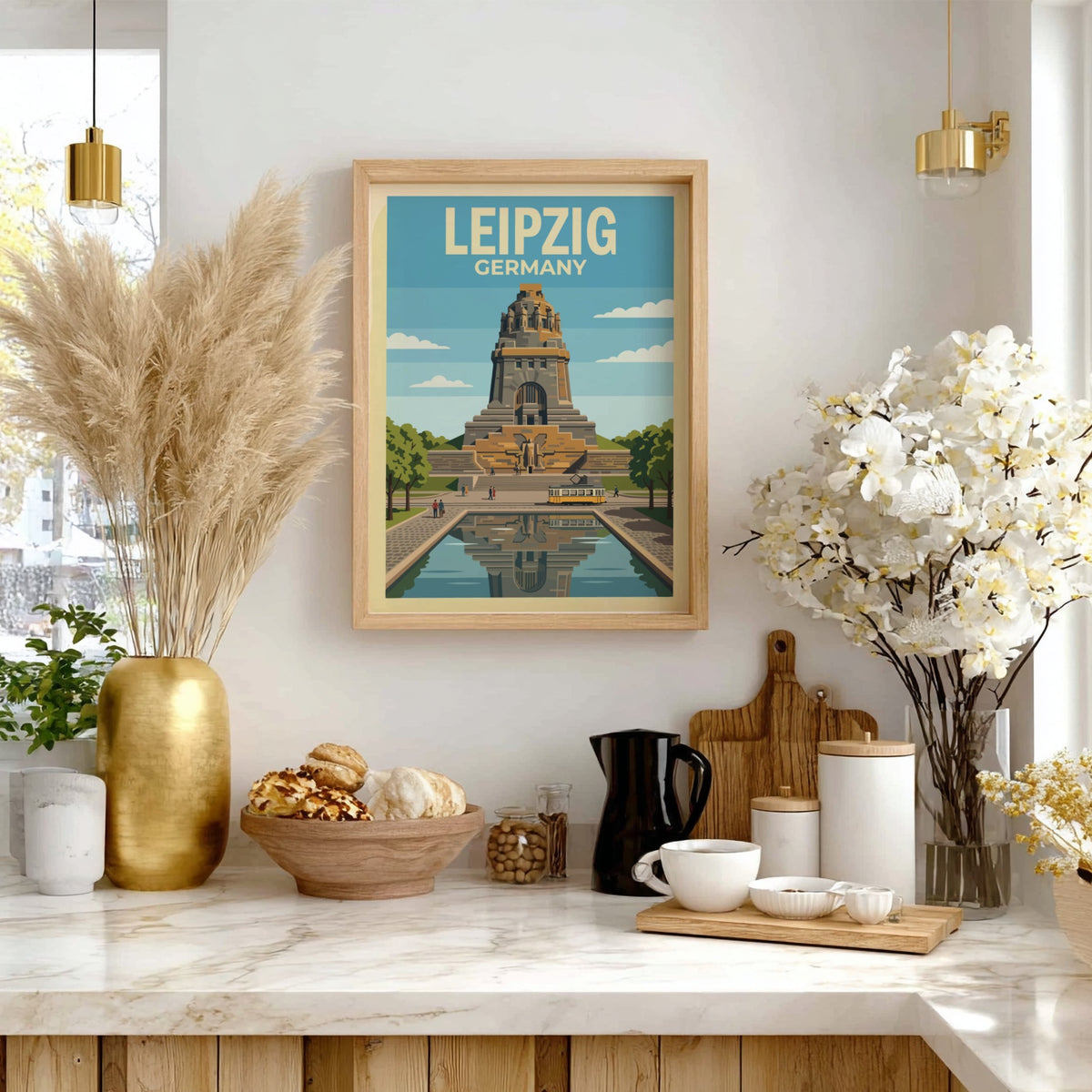 Poster of the Leipzig Germany monument with a yellow tram and water reflection.
