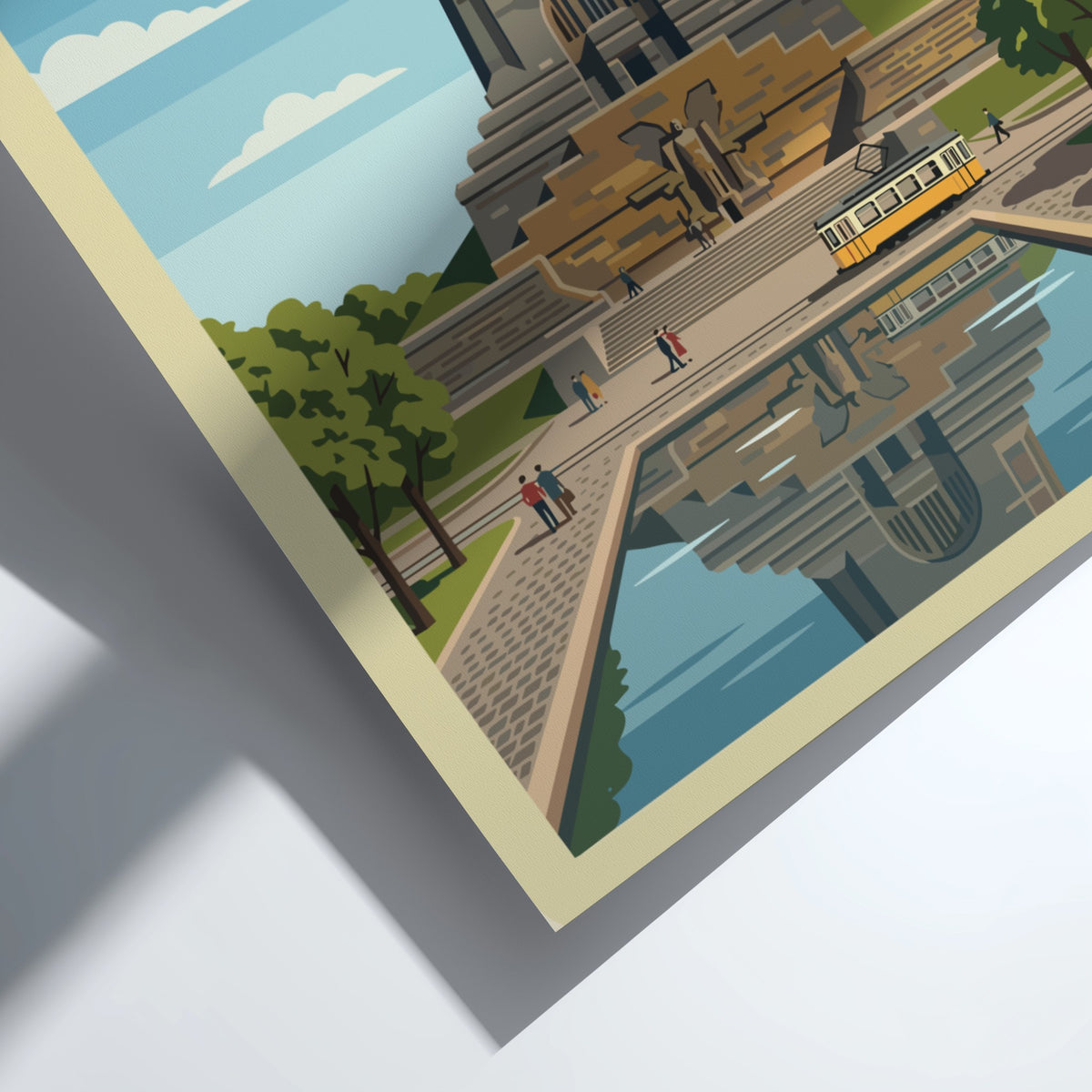 Poster of the Leipzig Germany monument with a yellow tram and water reflection.