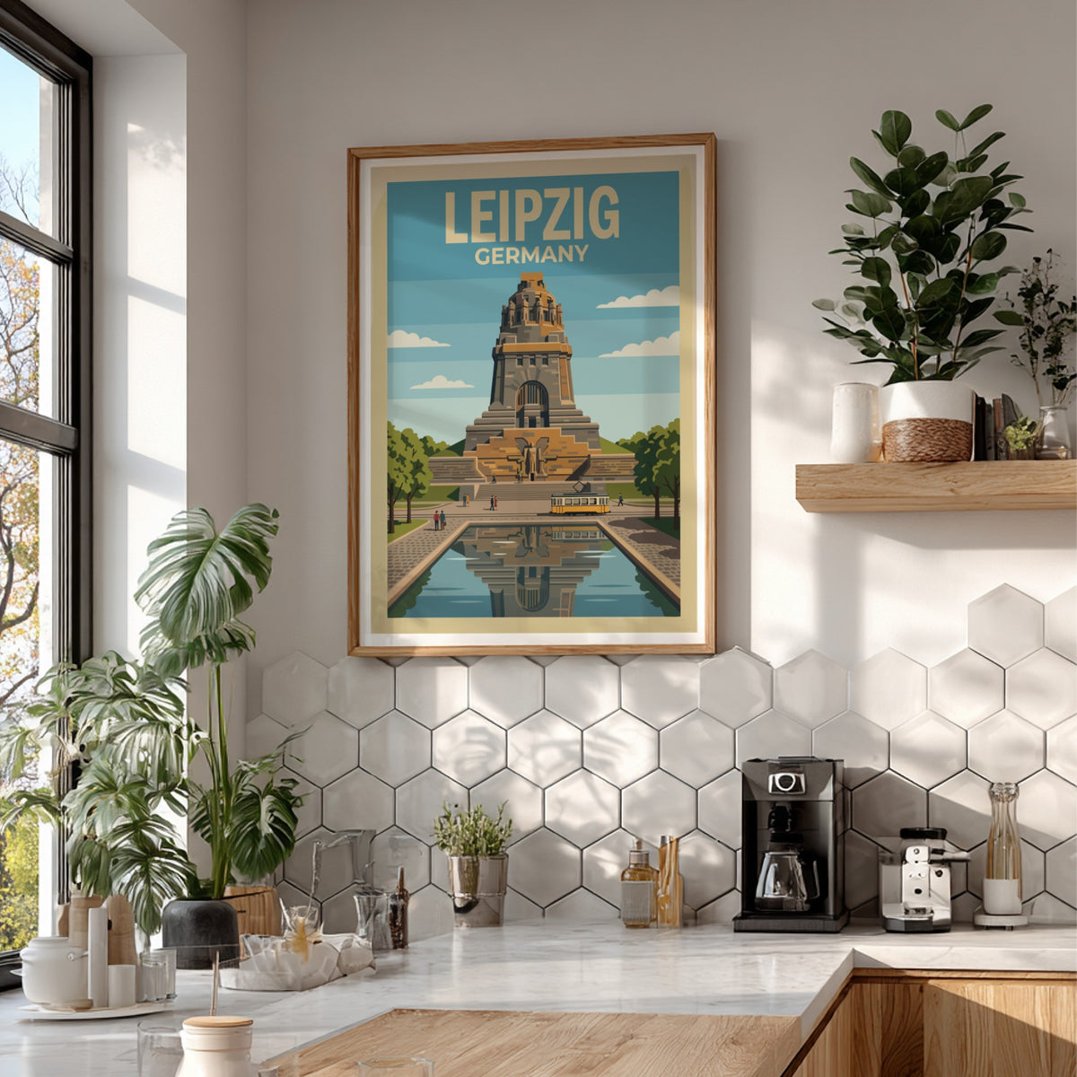 Poster of the Leipzig Germany monument with a yellow tram and water reflection.