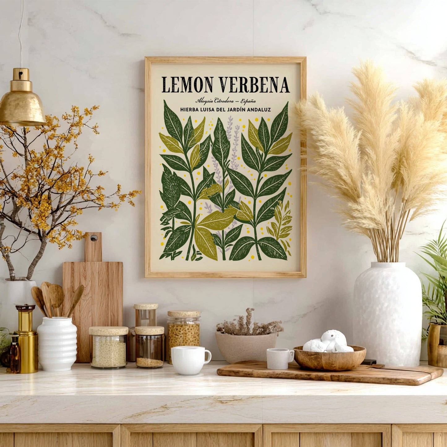 Kitchen poster featuring lemon verbena leaves in green and yellow tones, botanical style, perfect for home