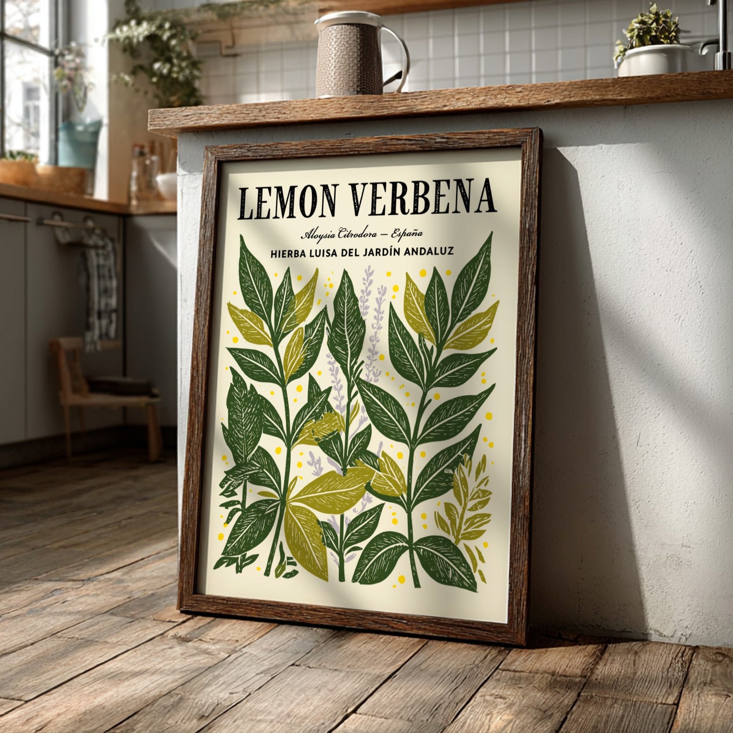 Kitchen poster featuring lemon verbena leaves in green and yellow tones, botanical style, perfect for home