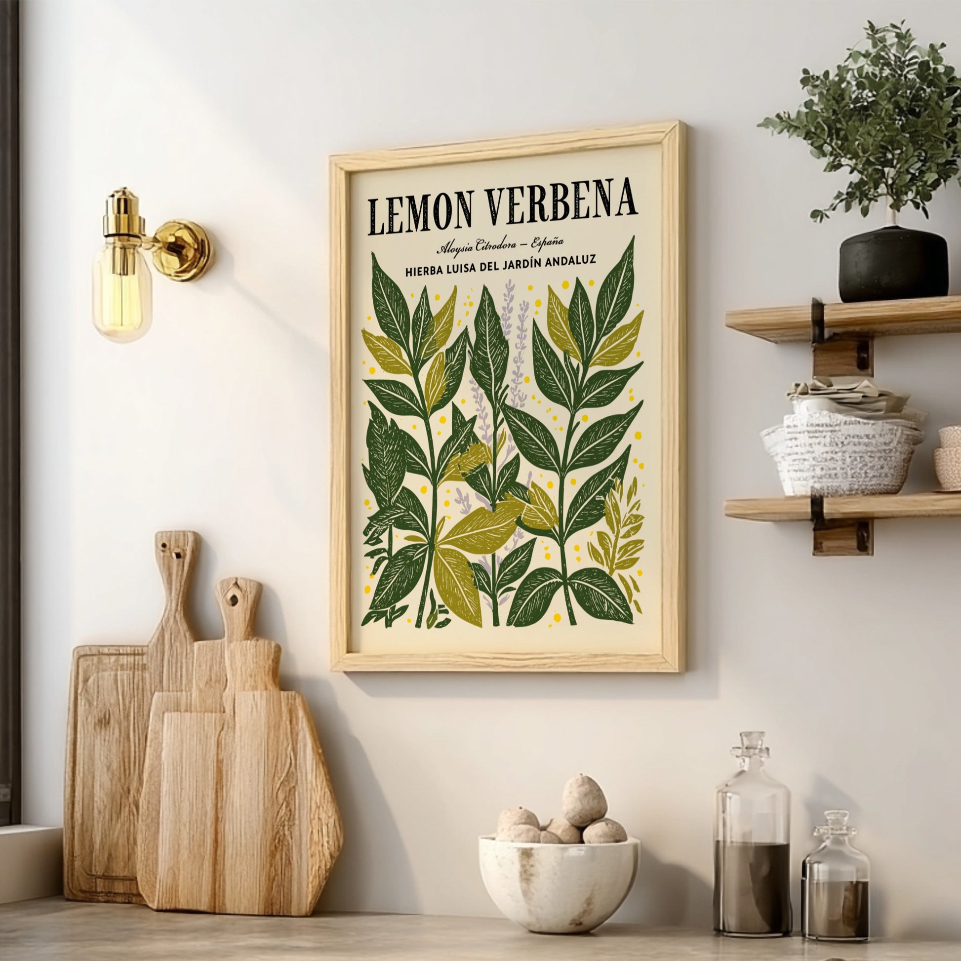 Kitchen poster featuring lemon verbena leaves in green and yellow tones, botanical style, perfect for home