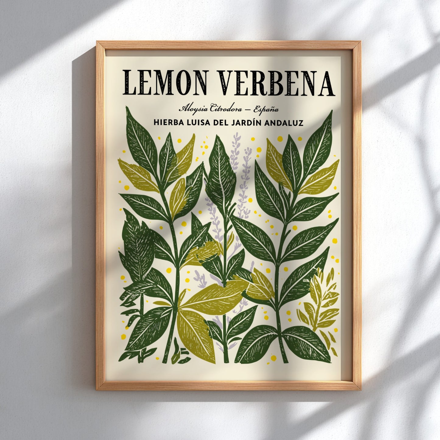 Kitchen poster featuring lemon verbena leaves in green and yellow tones, botanical style, perfect for home