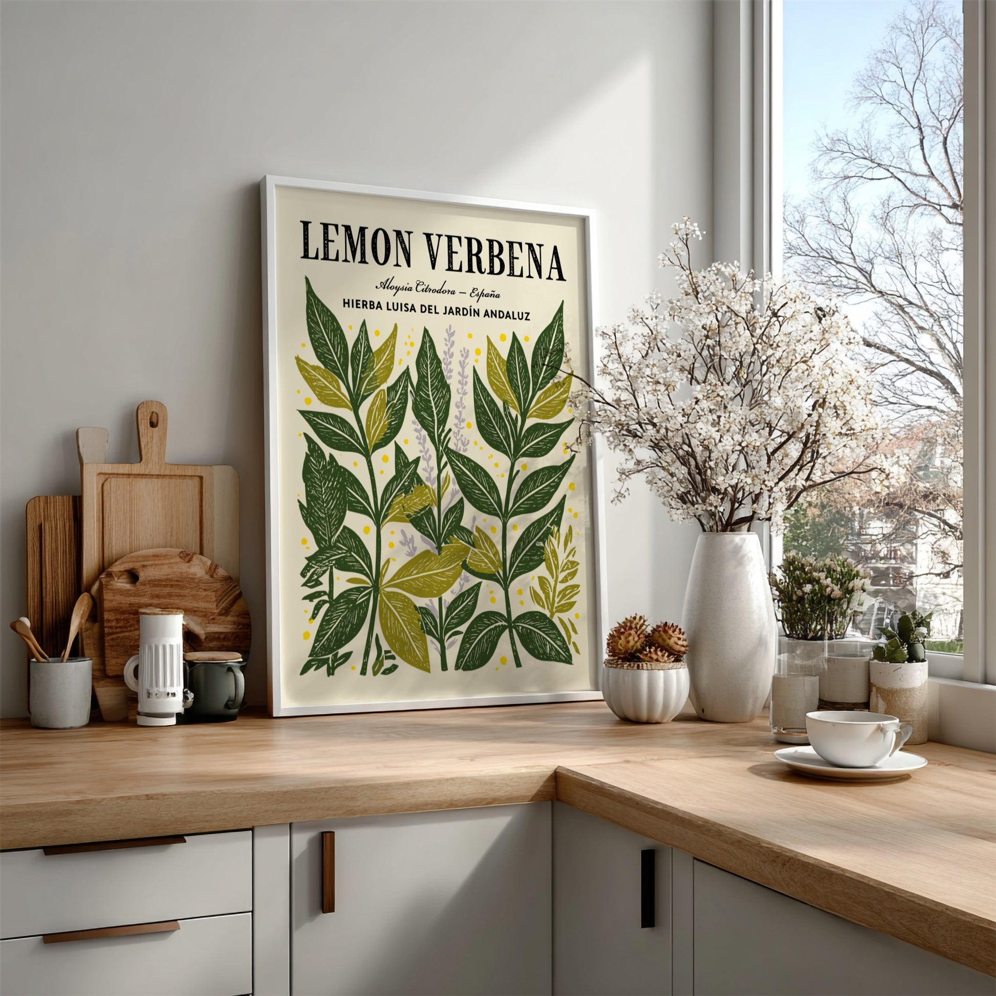 Kitchen poster featuring lemon verbena leaves in green and yellow tones, botanical style, perfect for home